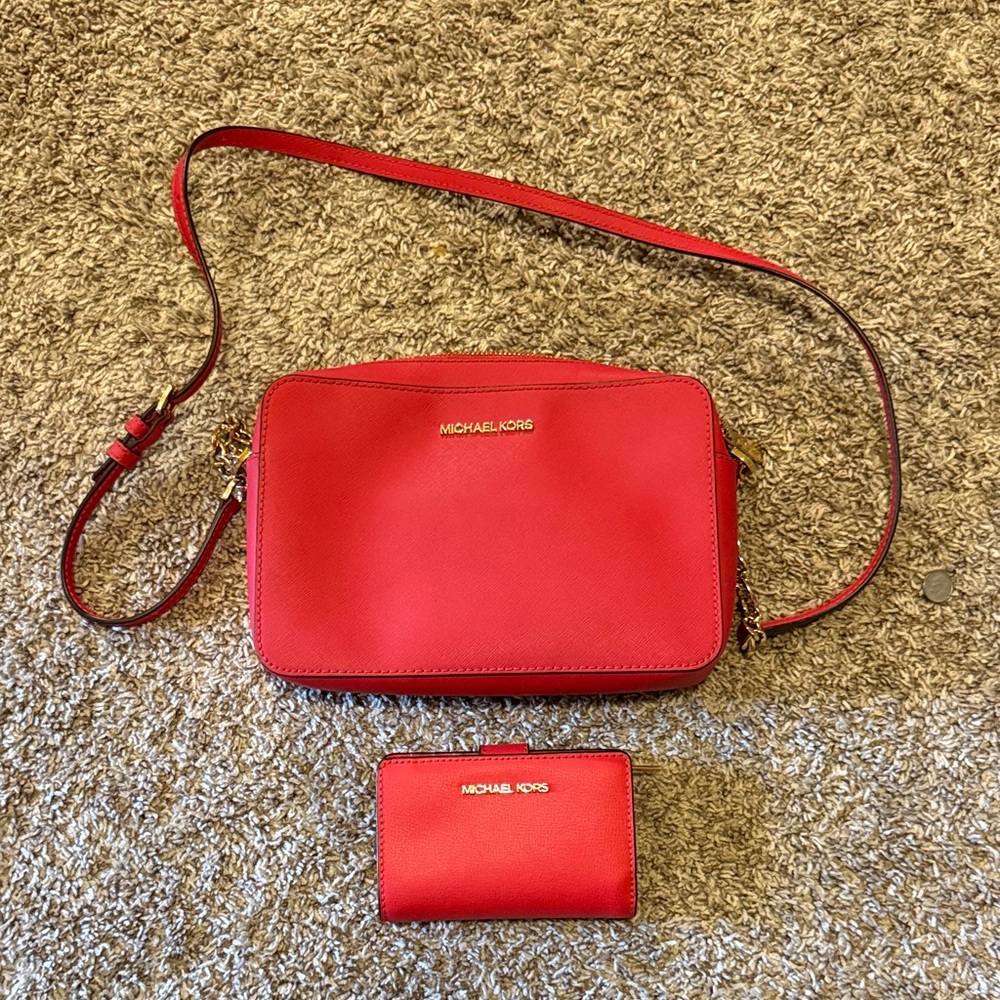 Michael Kors Vibrant Red Crossbody Bag and Wallet